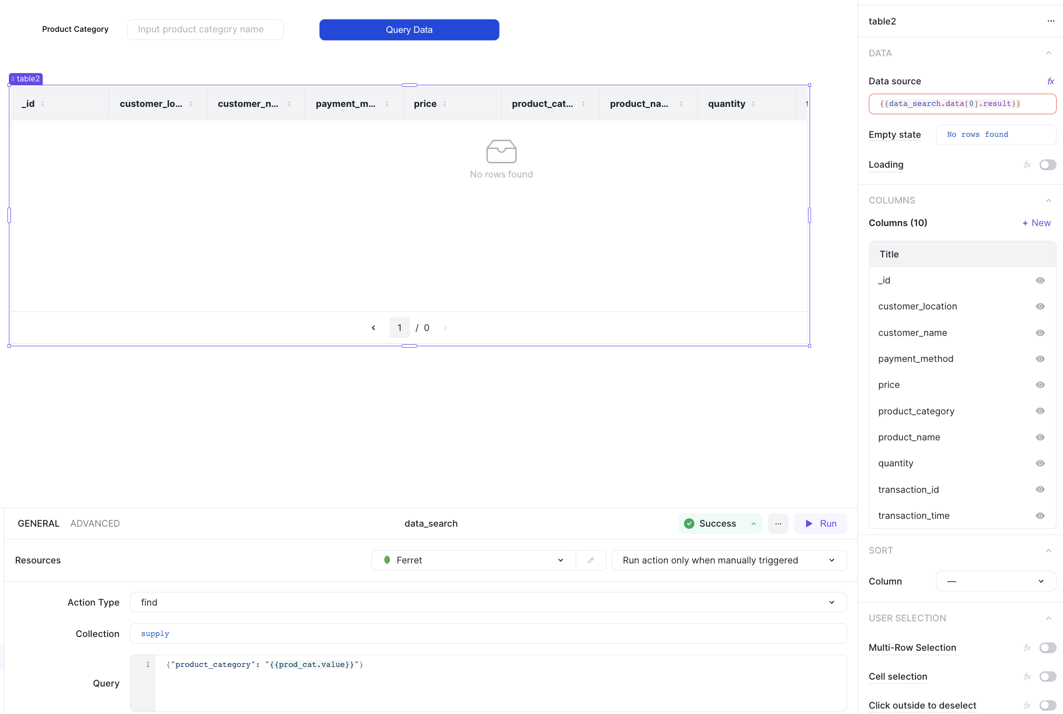 Show table with action result and all UI components